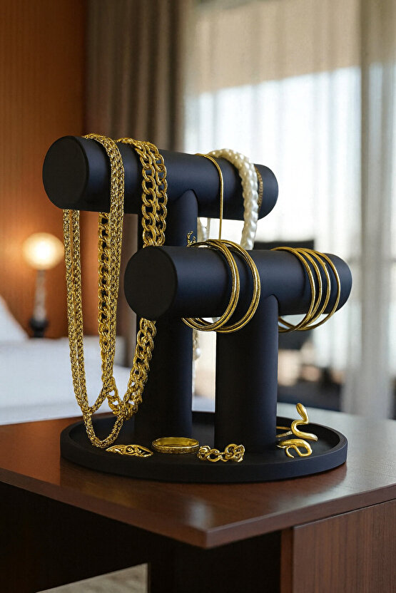 Cafio3D Çift Katlı Mini Takı Standı – Kolye, Bileklik ve Yüzük Düzenleyici 14cm