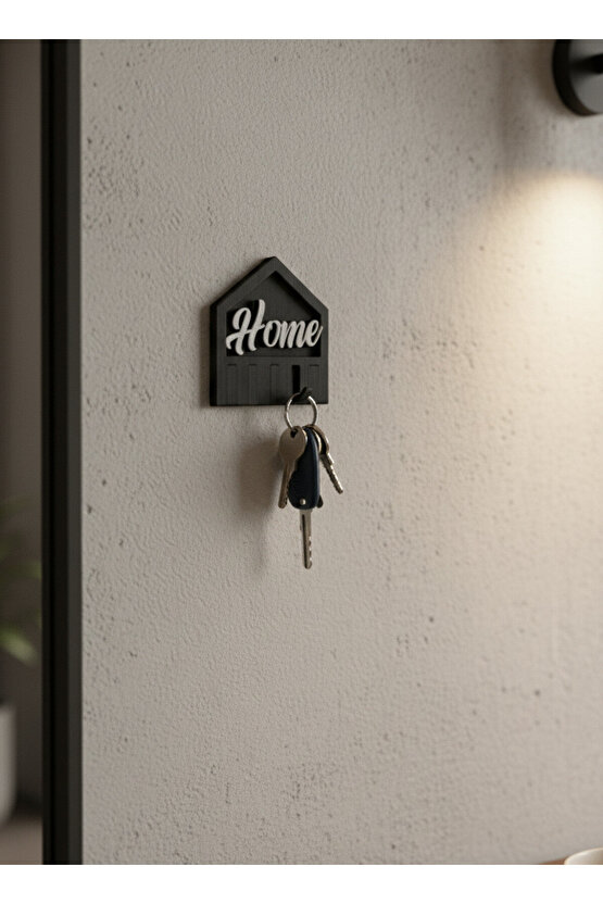 Home Yazılı Siyah Duvar Tipi Anahtarlık Askısı – Modern Anahtar Tutucu (5 Askılı)