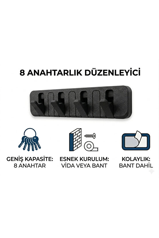 Duvara Monte 8’li Anahtar Askısı ve Düzenleyici - Yapışkanlı & Vidalı Siyah Anahtarlık Panosu