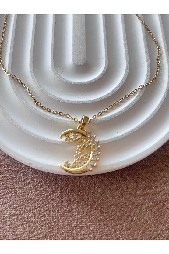 Ay detaylı gold Çelik kolye