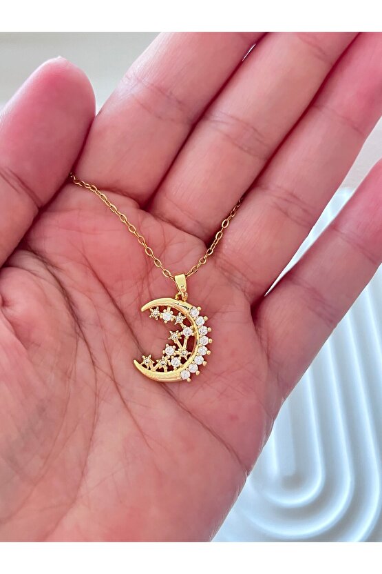 Ay detaylı gold Çelik kolye