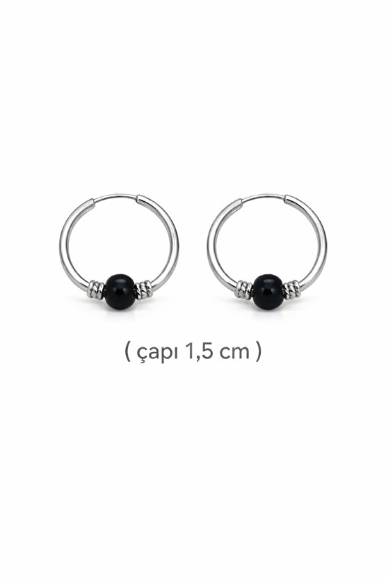 Gümüş Siyah Taşlı 1,5 cm Halka Küpe