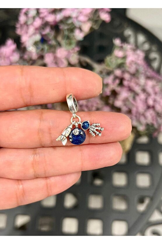 Uzay mekiği, Astronot ve Gökyüzü Sallantılı Charm | 925 Ayar Gümüş