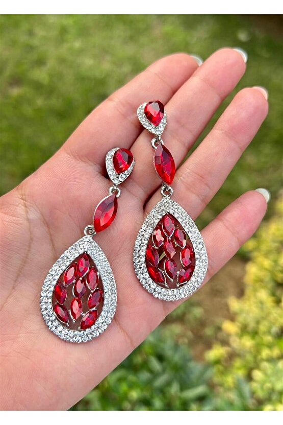 Kırmızı Kristal Abiye Küpe