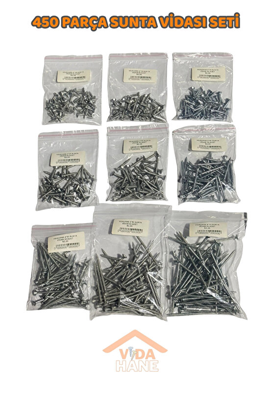 VİDA HANE AĞAÇ VE SUNTA VİDASI SETİ 450 PARÇA  9 ÇEŞİT VİDA - (4X16 - 4X70MM)