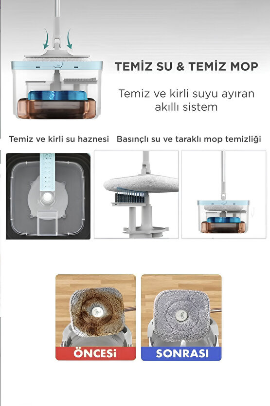 Otomatik Paspas Temizlik Seti Temiz Kirli Suyu Ayıran 3 Mop Bezli Paspas TMP02 Gri