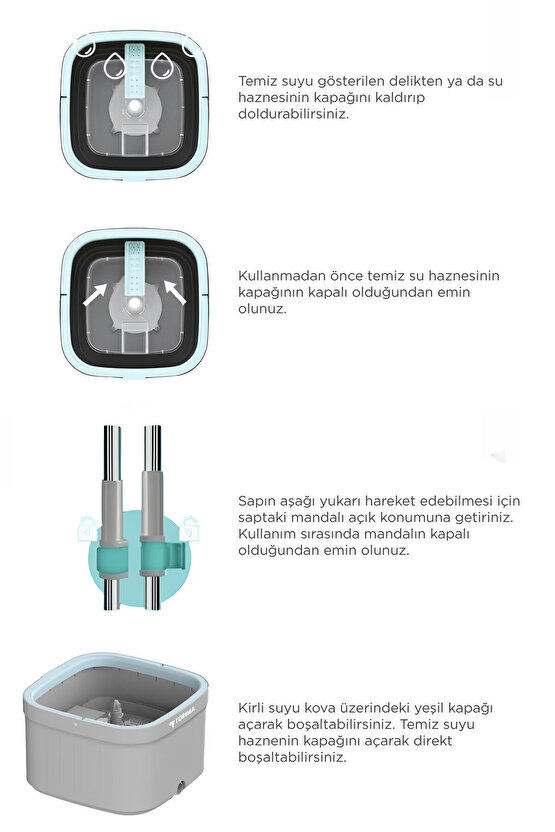 Otomatik Paspas Temizlik Seti Temiz Kirli Suyu Ayıran 3 Mop Bezli Paspas TMP02 Gri
