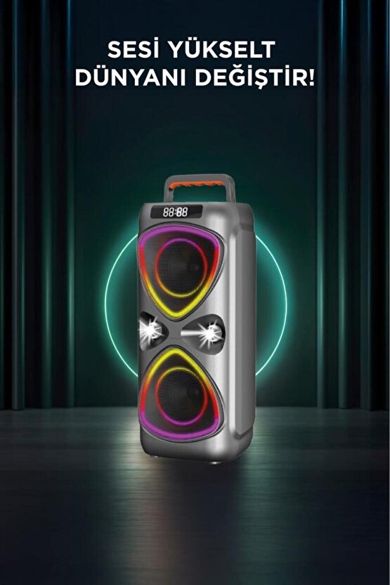 Bluetooh Hoparlör Mikrofonlu Led Işıklı Parti Speaker D78 Gri