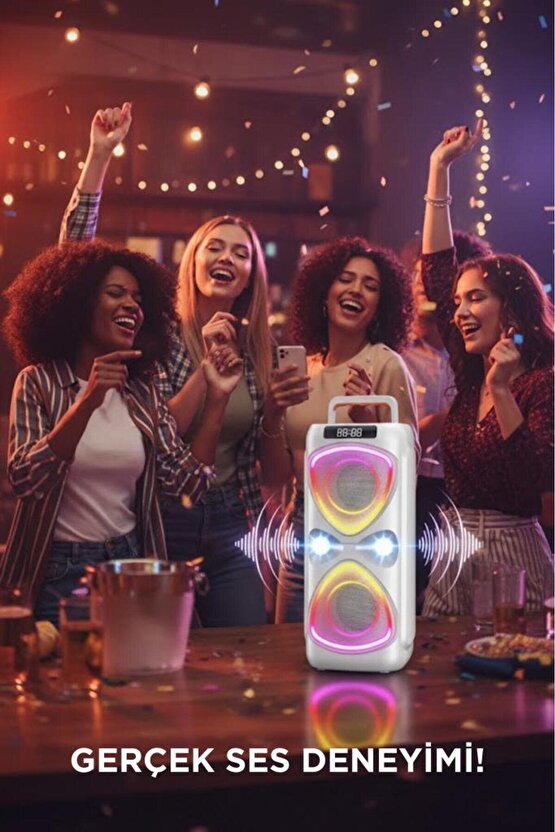Bluetooh Hoparlör Mikrofonlu Led Işıklı Parti Speaker D78 Beyaz