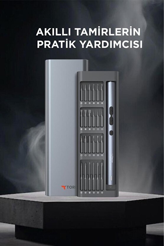 Şarjlı Hassas Tornavida Seti 48 Parça Type-C Şarjlı Led Işıklı Mıknatıslı Alüminyum Kasa TTS04 Gri