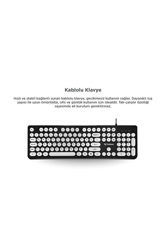 Kablolu Q Klavye Retro Daktilo Görünümlü TK09 Siyah Beyaz