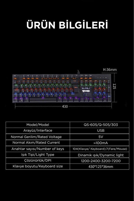 Oyuncu Klavyesi Rgb Işıklı Mekanik Blue Switch Kablolu Klavye TK05 Siyah