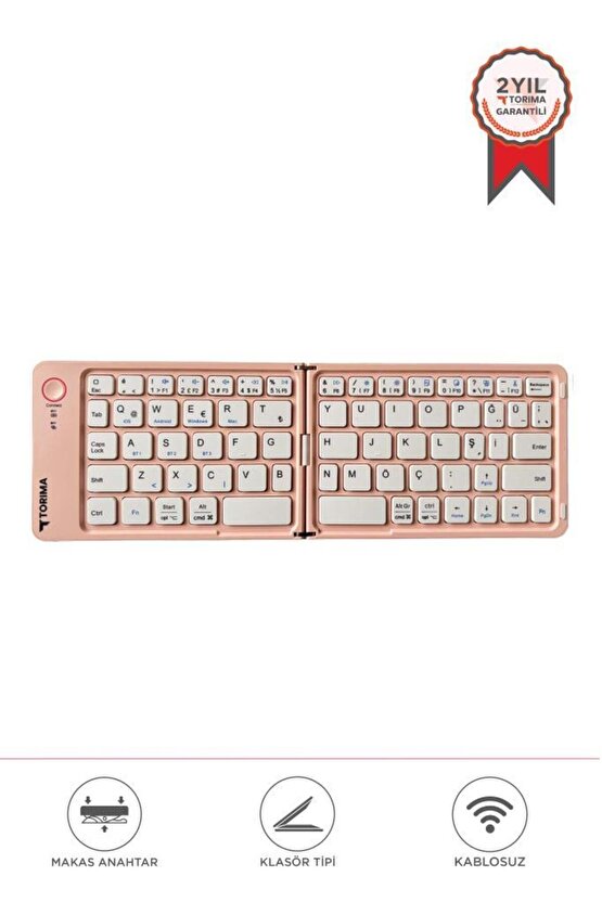 Kablosuz Klavye Bluetooth Katlanabilir Şarjlı Mini Klavye TK08 Pembe