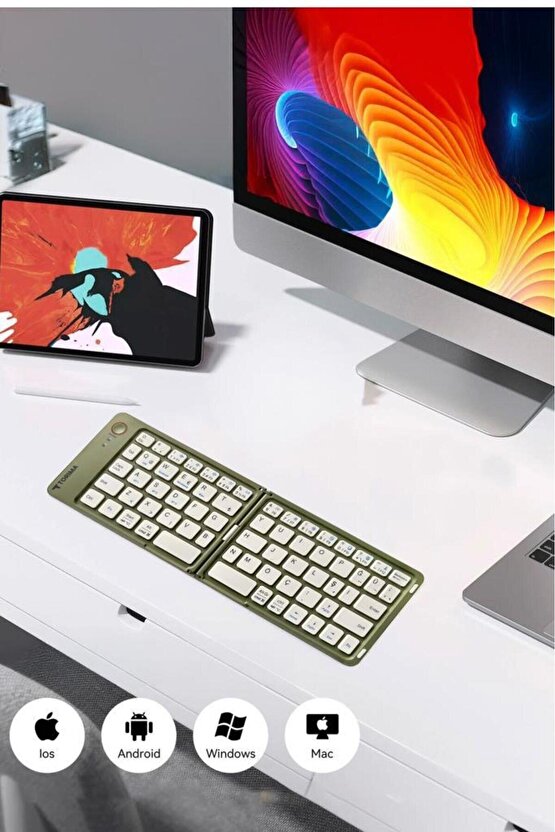 Kablosuz Klavye Bluetooth Katlanabilir Şarjlı Mini Klavye TK08 Yeşil