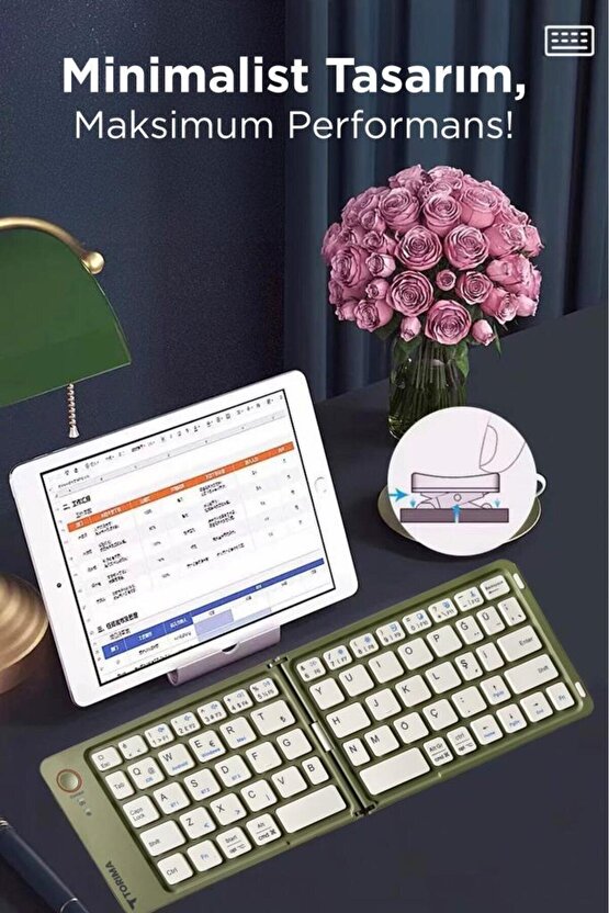Kablosuz Klavye Bluetooth Katlanabilir Şarjlı Mini Klavye TK08 Yeşil