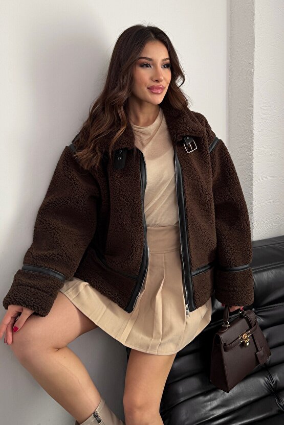 Kadın Deri Detaylı Oversize Peluş Mont - Premium Tasarım Biker Teddy Kaban Ceket
