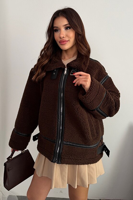 Kadın Deri Detaylı Oversize Peluş Mont - Premium Tasarım Biker Teddy Kaban Ceket