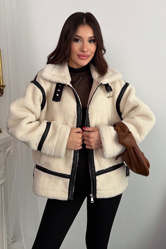 Kadın Deri Detaylı Oversize Peluş Mont - Premium Tasarım Biker Teddy Kaban Ceket