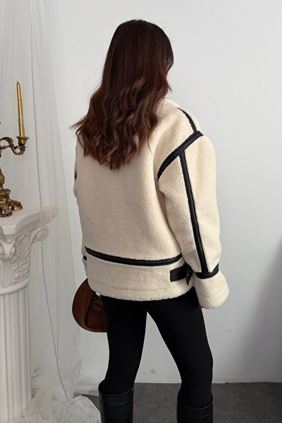 Kadın Deri Detaylı Oversize Peluş Mont - Premium Tasarım Biker Teddy Kaban Ceket