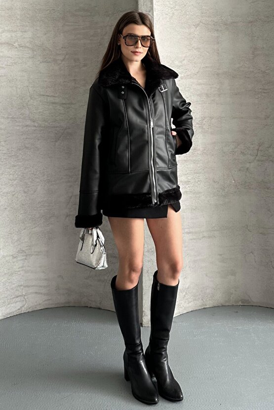 Kadın Siyah İçi İpek Kürklü Oversize Suni Deri Mont - Biker Shearling Ceket