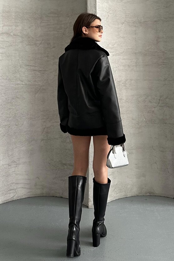 Kadın Siyah İçi İpek Kürklü Oversize Suni Deri Mont - Biker Shearling Ceket