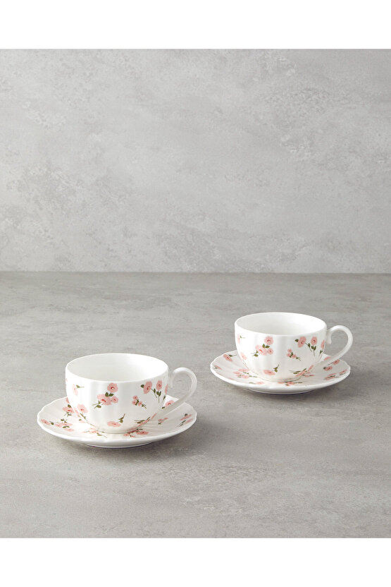 Cordelia New Bone China 4 Parça 2 Kişilik Çay Fincanı Takımı 220 ml Beyaz - Pembe