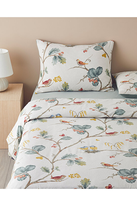Birds Symphony Flanel King Size Nevresim Takımı 240x220 cm Bej