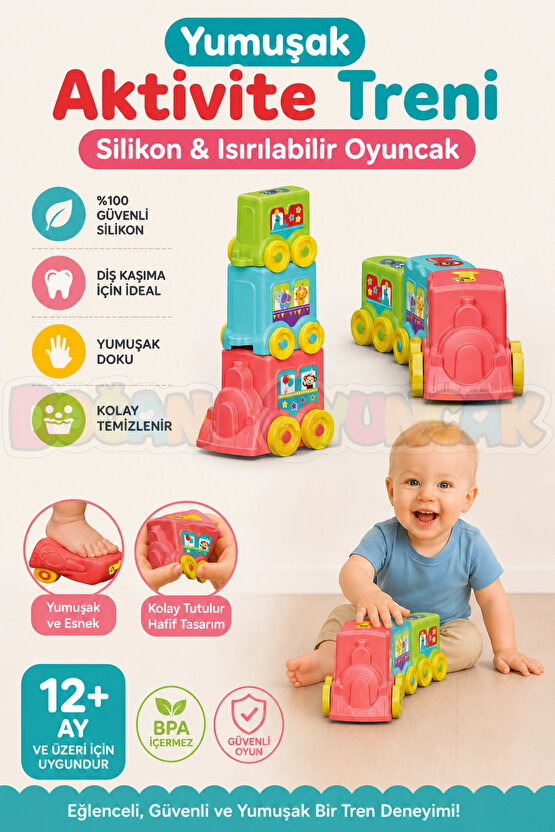 Yumuşak Aktivite Treni - Bebek Oyuncakları - Üst Üste Dizme Eğitici Oyuncak - Soft Lego Tren Oyuncak