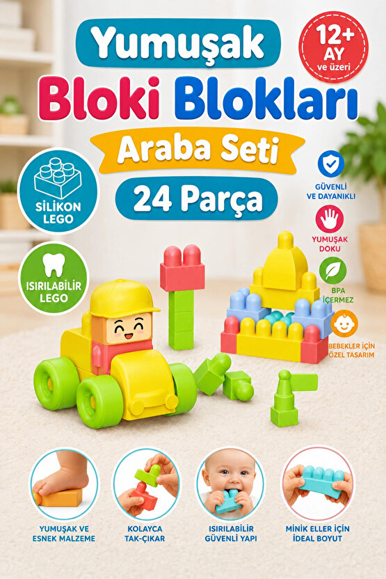 Yumuşak Bloki Blokları Araba Seti 24 Parça - Büyük Yumuşak Bloklar - Büyük Soft Lego Oyuncakları
