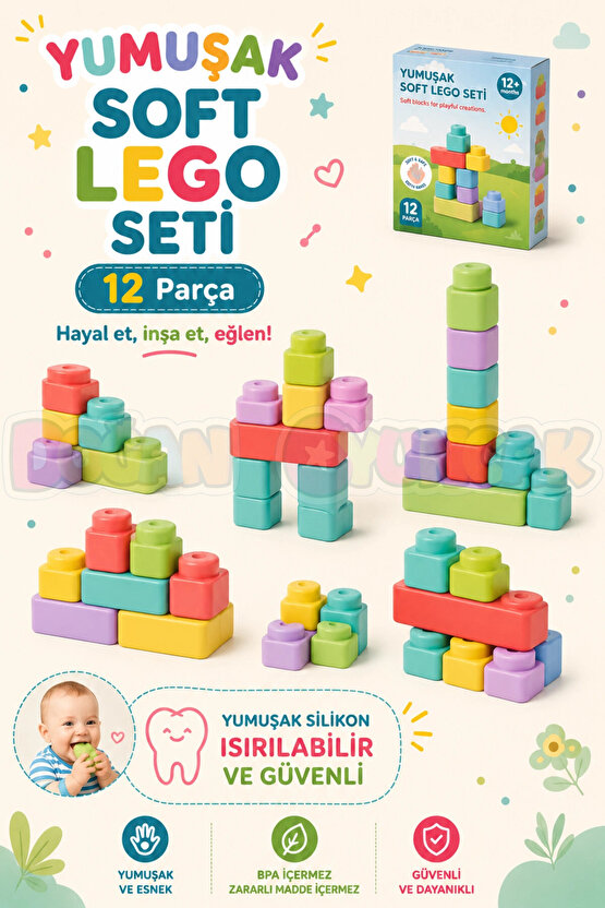 Yumuşak Soft Lego Seti 12 Parça - Büyük Yumuşak Bloklar - Büyük Soft Lego Oyuncakları - Yumuşak Lego