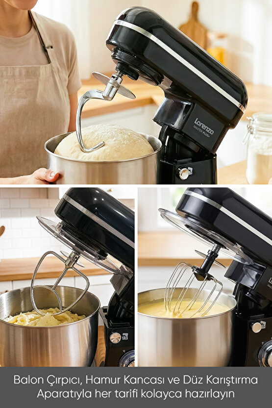 MasterPlus Hamur Yoğurma Mutfak Şefi Stand Mixer 6 lt 1500 W Çiğköfte,Krema Siyah
