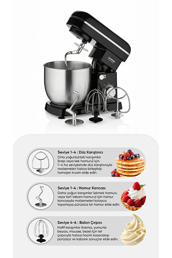 MasterPlus Hamur Yoğurma Mutfak Şefi Stand Mixer 6 lt 1500 W Çiğköfte,Krema Siyah