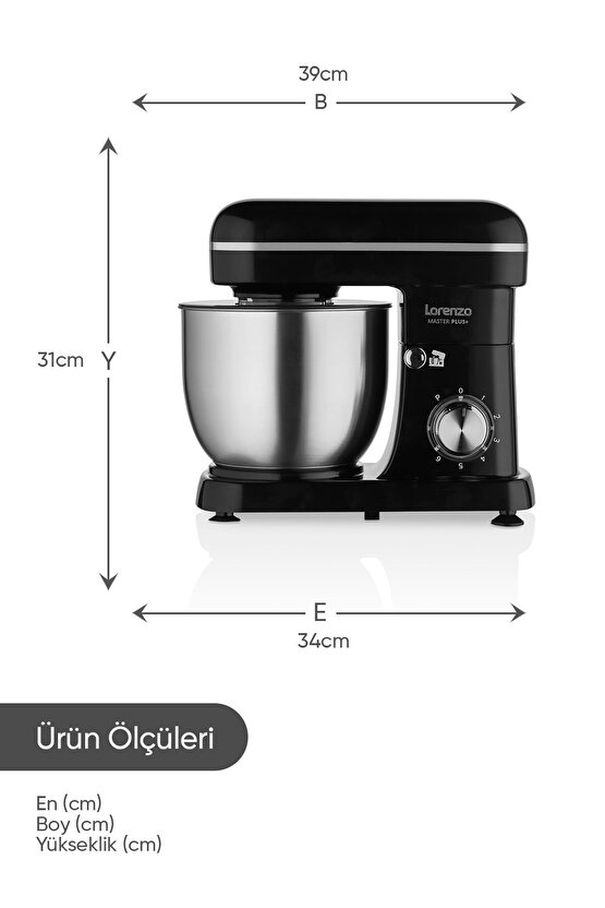 MasterPlus Hamur Yoğurma Mutfak Şefi Stand Mixer 6 lt 1500 W Çiğköfte,Krema Siyah