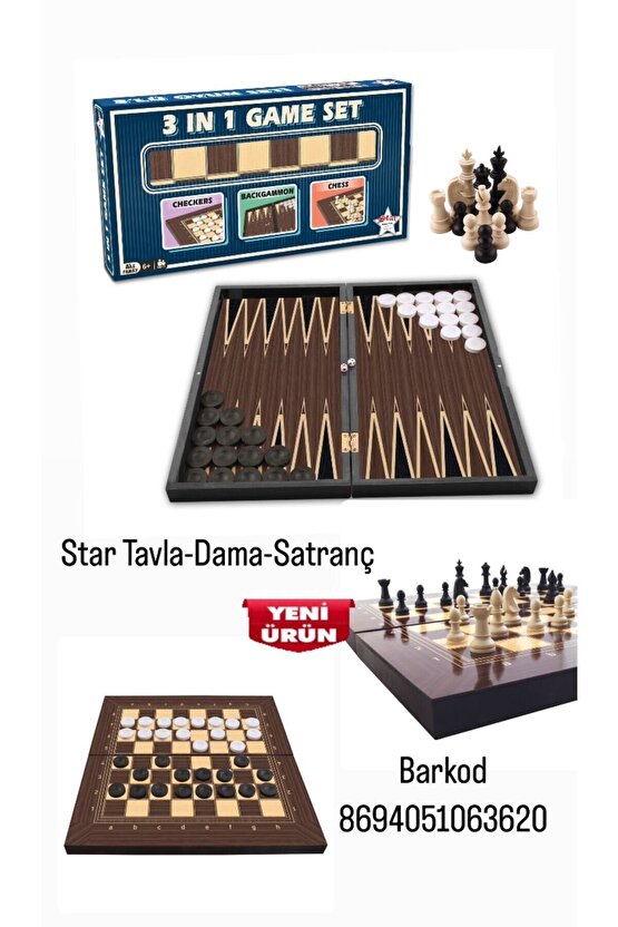 Büyük Boy Ceviz Kaplama Ahşap Tavla Dama Satranç Takımı Seti 32 Pullu Satranç Taşlı