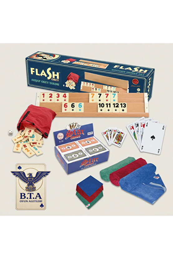 STAR FLASH AHŞAP OKEY + İSKAMBİL + OKEY MASA ÖRTÜSÜ SET