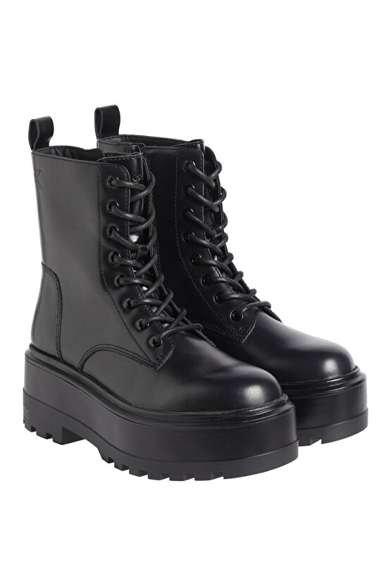 Jeans Flatform Lace Up High Boots