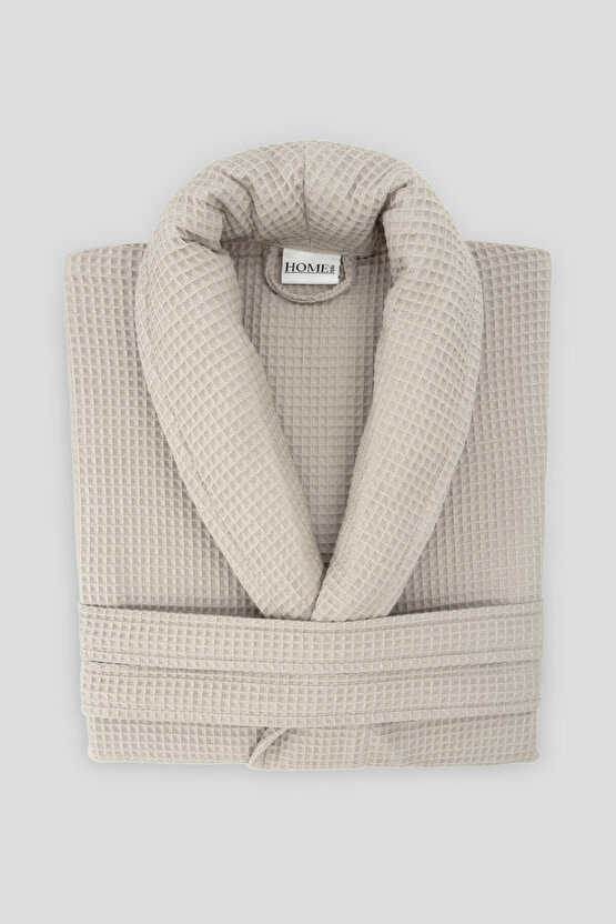 %100 Pamuk Unisex Bej Waffle Pike Bornoz - Yüksek Su Emici & Yumuşak Şal Yaka Bornoz- Home1961