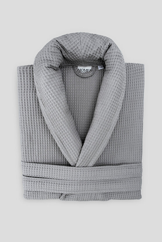 %100 Pamuk Unisex Gri Waffle Pike Bornoz - Yüksek Su Emici & Yumuşak Şal Yaka Bornoz- Home1961