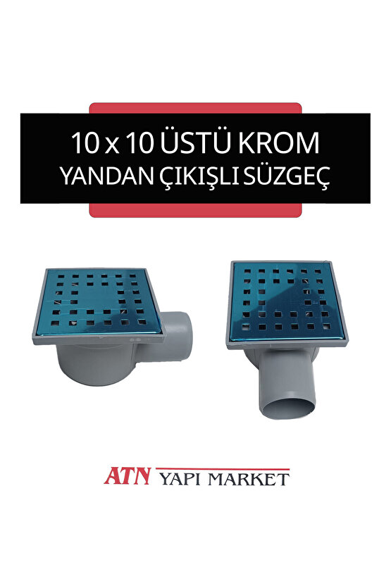 10x10 Üstü Krom Kare Yer Süzgeci – 50lik Yandan Çıkışlı – Banyo, Balkon, Teras Su Gideri