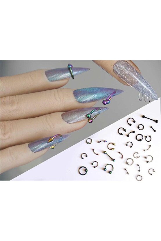Top Uçlu Yay Tırnak Piercingi Nail Art Süsleme Piercing 5 Adet Karışık Renk
