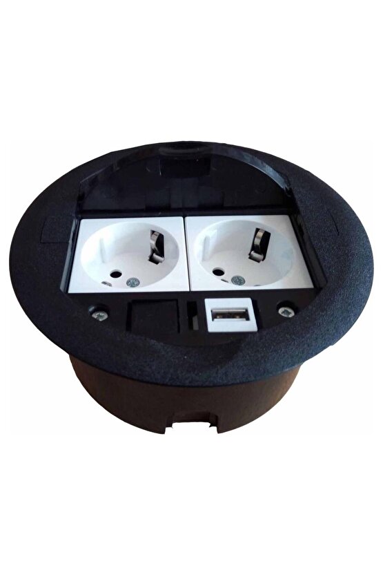 Masa Üstü Priz Kutusu Gömme Tip Siyah + 2 Ad. Priz + 1 Ad. USB Geçiş