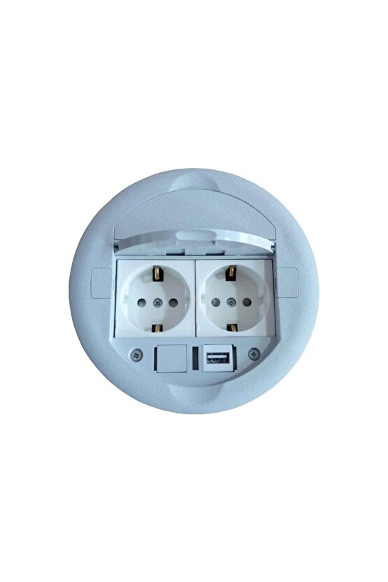 Masa Üstü Priz Kutusu Gömme Tip Gri + 2 Ad. Priz+1 Ad. USB Geçiş