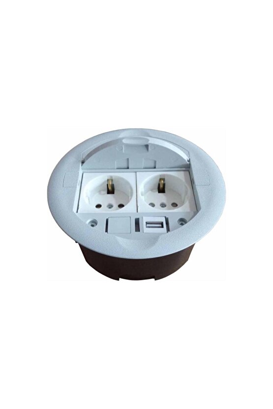 Masa Üstü Priz Kutusu Gömme Tip Gri + 2 Ad. Priz+1 Ad. USB Geçiş