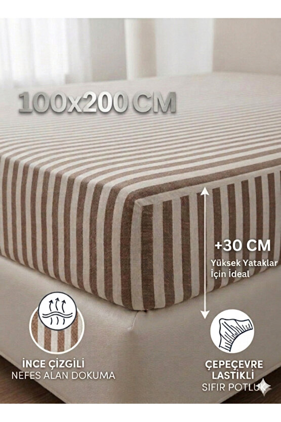 100x200cm Çizgili Tek Kişilik Pamuklu Lastikli Çarşaf ( Yastık Kılıfı 50x70cm HEDİYELİ )