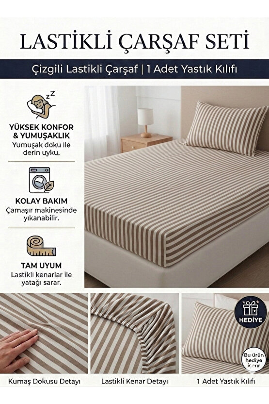 100x200cm Çizgili Tek Kişilik Pamuklu Lastikli Çarşaf ( Yastık Kılıfı 50x70cm HEDİYELİ )