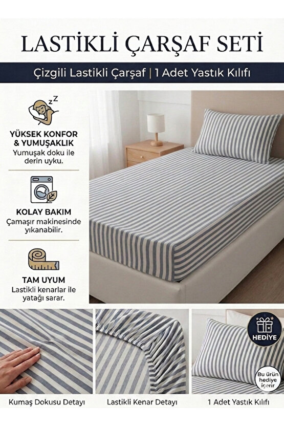 100x200cm Çizgili Tek Kişilik Pamuklu Lastikli Çarşaf ( Yastık Kılıfı 50x70cm HEDİYELİ )