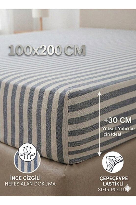 100x200cm Çizgili Tek Kişilik Pamuklu Lastikli Çarşaf ( Yastık Kılıfı 50x70cm HEDİYELİ )