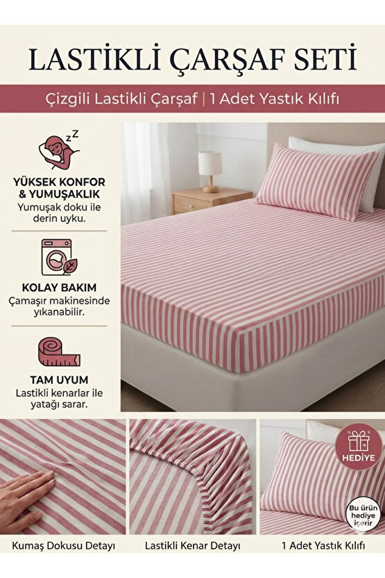 100x200cm Çizgili Tek Kişilik Pamuklu Lastikli Çarşaf ( Yastık Kılıfı 50x70cm HEDİYELİ )