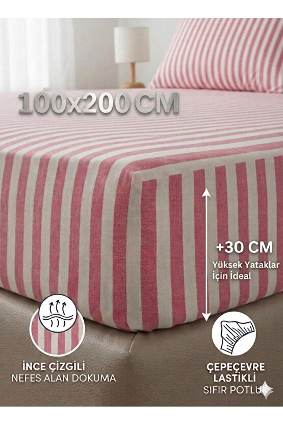100x200cm Çizgili Tek Kişilik Pamuklu Lastikli Çarşaf ( Yastık Kılıfı 50x70cm HEDİYELİ )