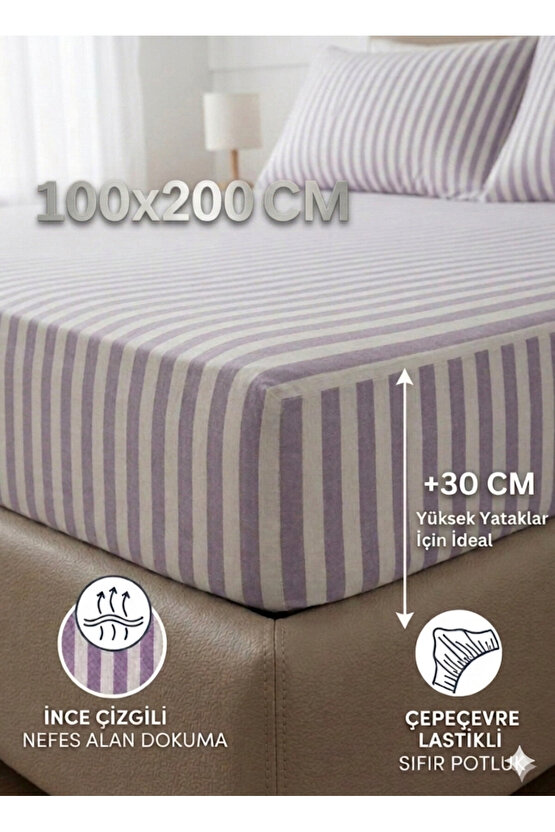 100x200cm Çizgili Tek Kişilik Pamuklu Lastikli Çarşaf ( Yastık Kılıfı 50x70cm HEDİYELİ )